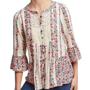 Anthropologie Maeve Hiver Floral Peasant Blouse Cream Size 8
